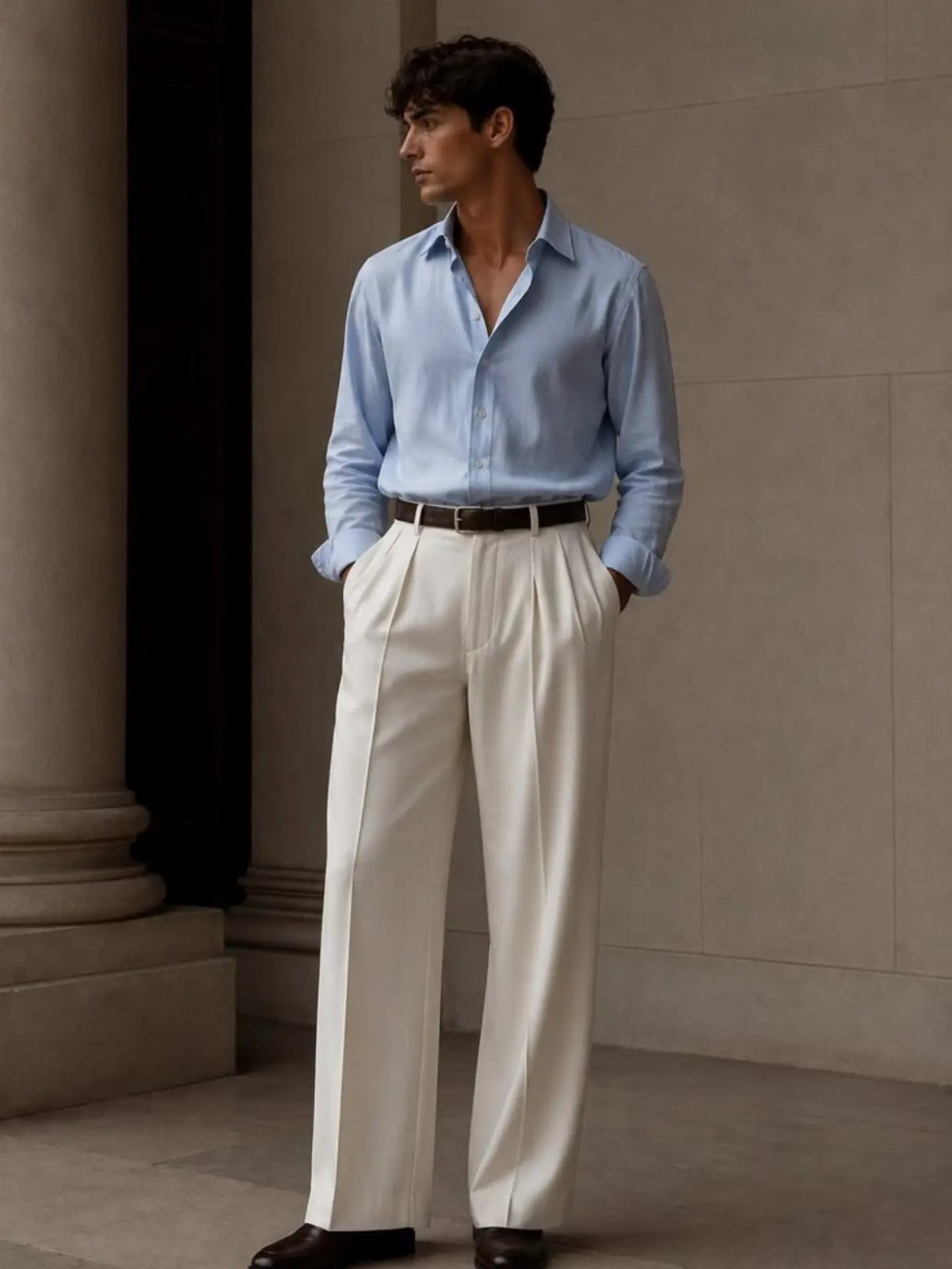 Man wearing a light blue shirt and wide leg white trousers standing indoors.