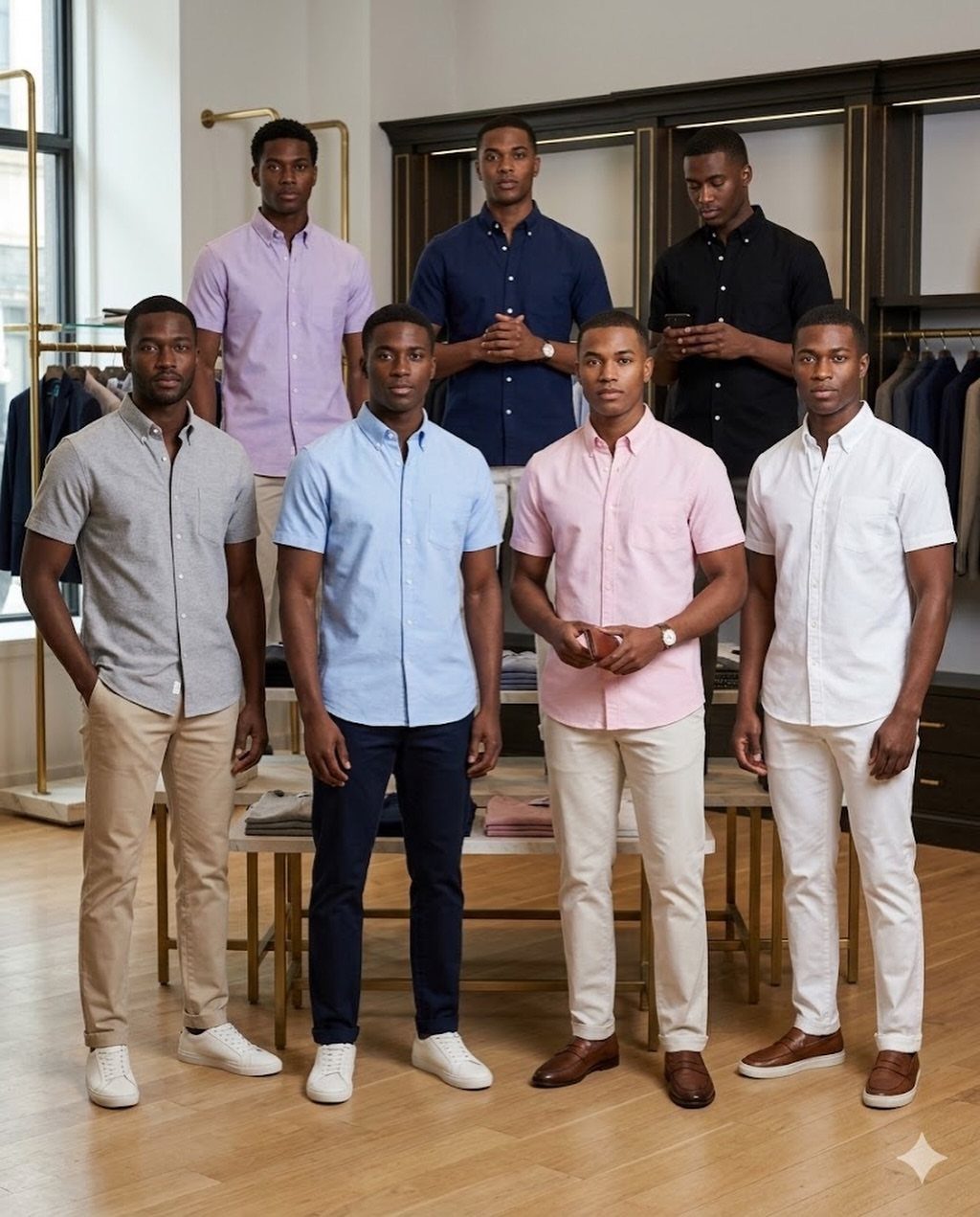 Seven men wearing colorful short-sleeve button-down shirts and trousers in a clothing store.