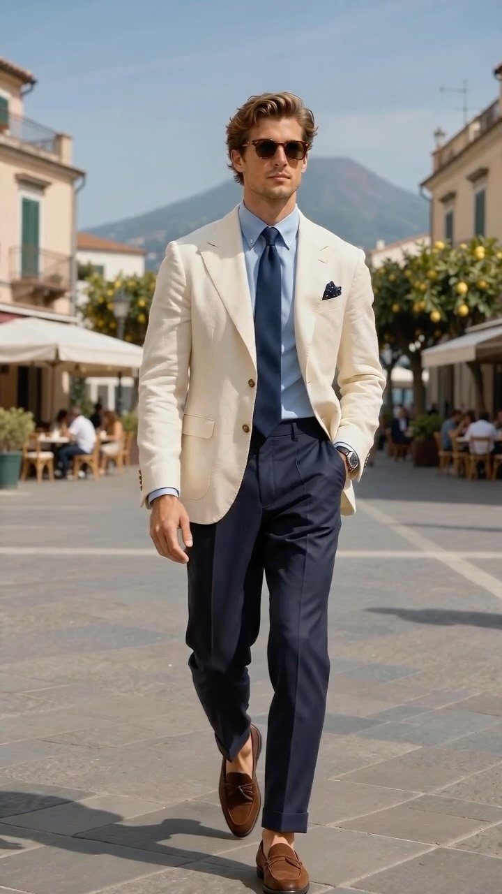 Man in cream blazer and navy trousers walking on a sunny street