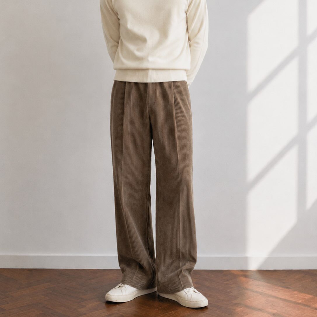 Brown wide-leg corduroy trousers paired with a cream shirt and white sneakers.
