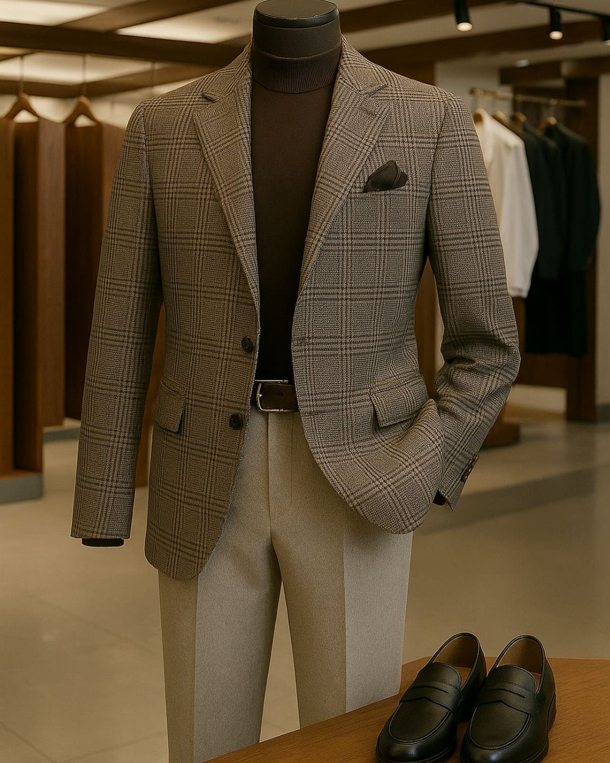 Mannequin wearing a brown plaid blazer and beige wool trousers with black loafers.