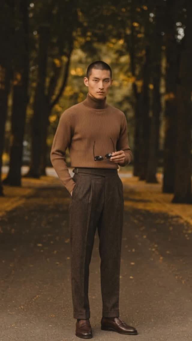 Man in brown turtleneck and trousers standing on a path with autumn trees.
