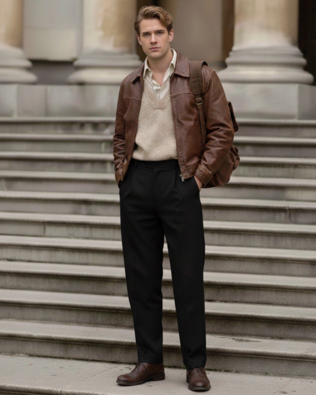 Man wearing a brown leather jacket over a beige sweater and black trousers.
