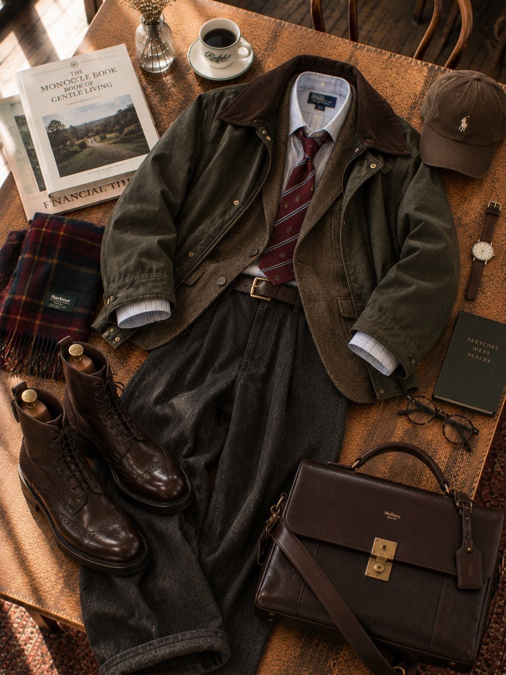 Olive green waxed jacket and grey pleated trousers with brown leather accessories.