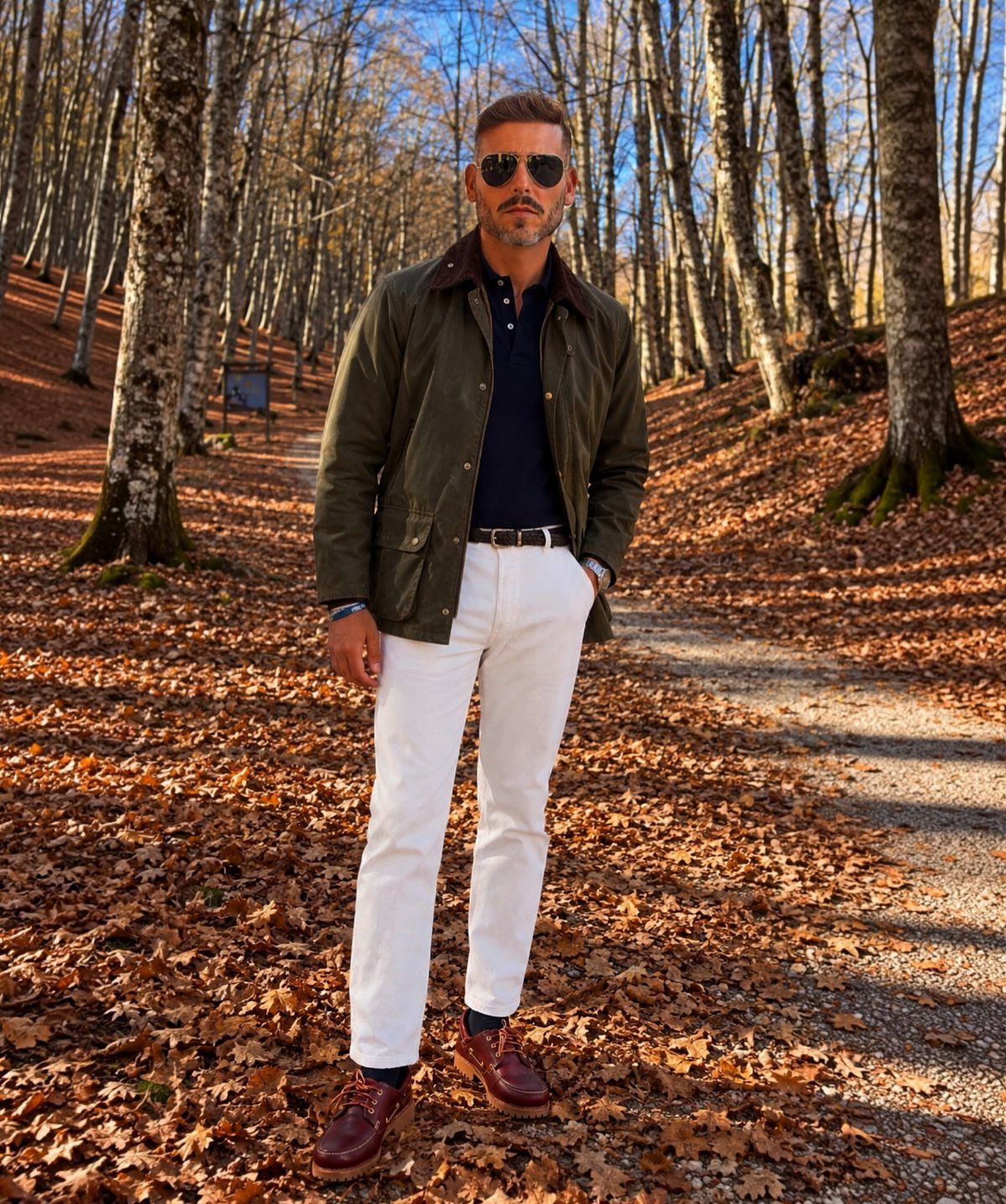Man wearing olive Barbour jacket and white trousers in an autumn forest