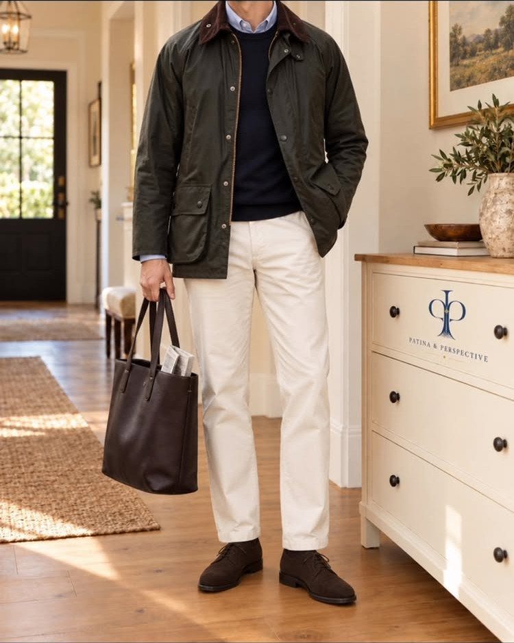 Man wearing a dark olive Barbour jacket, navy sweater, and off-white trousers.