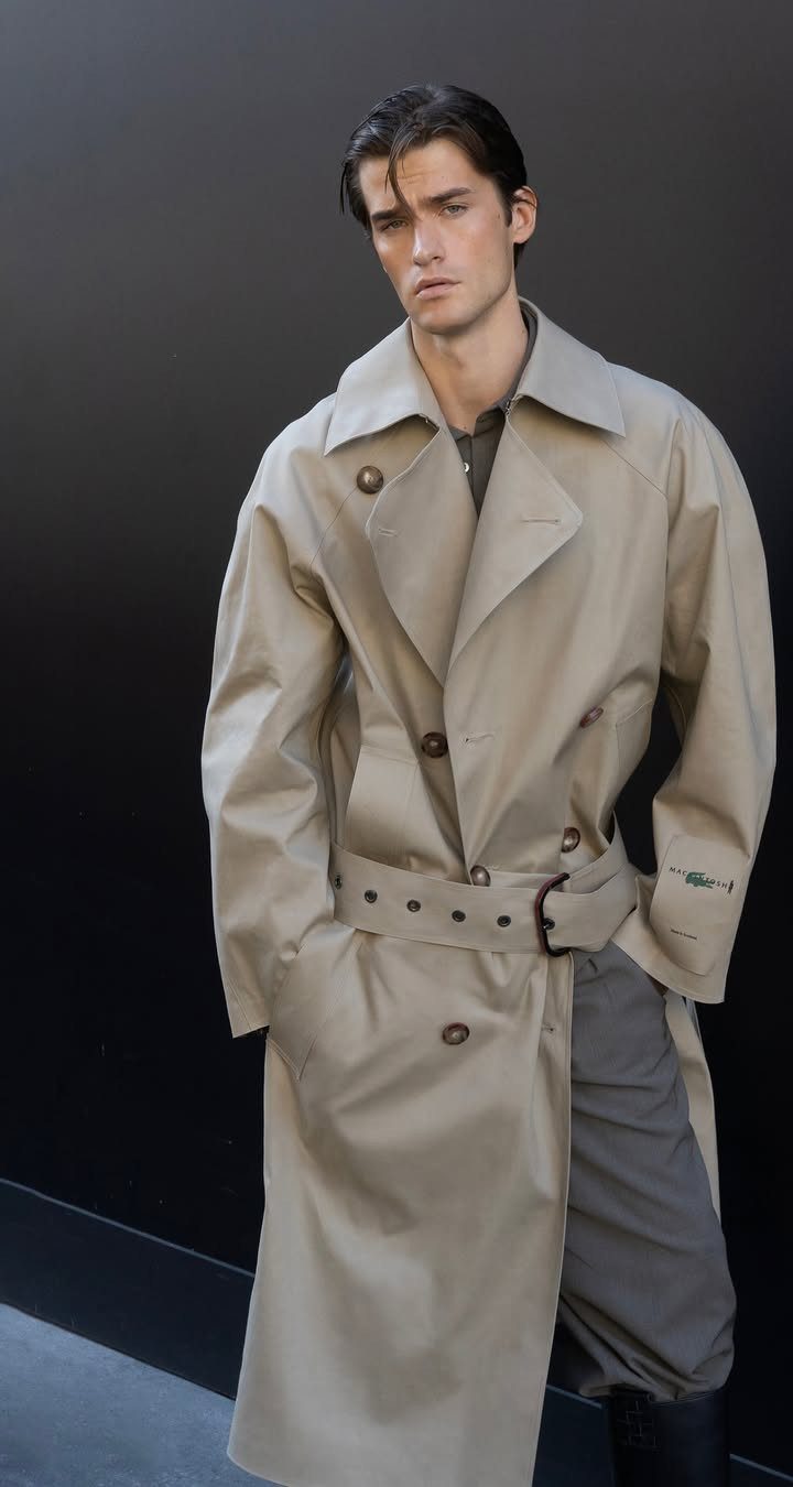 Man wearing a beige trench coat with a belt and grey trousers.