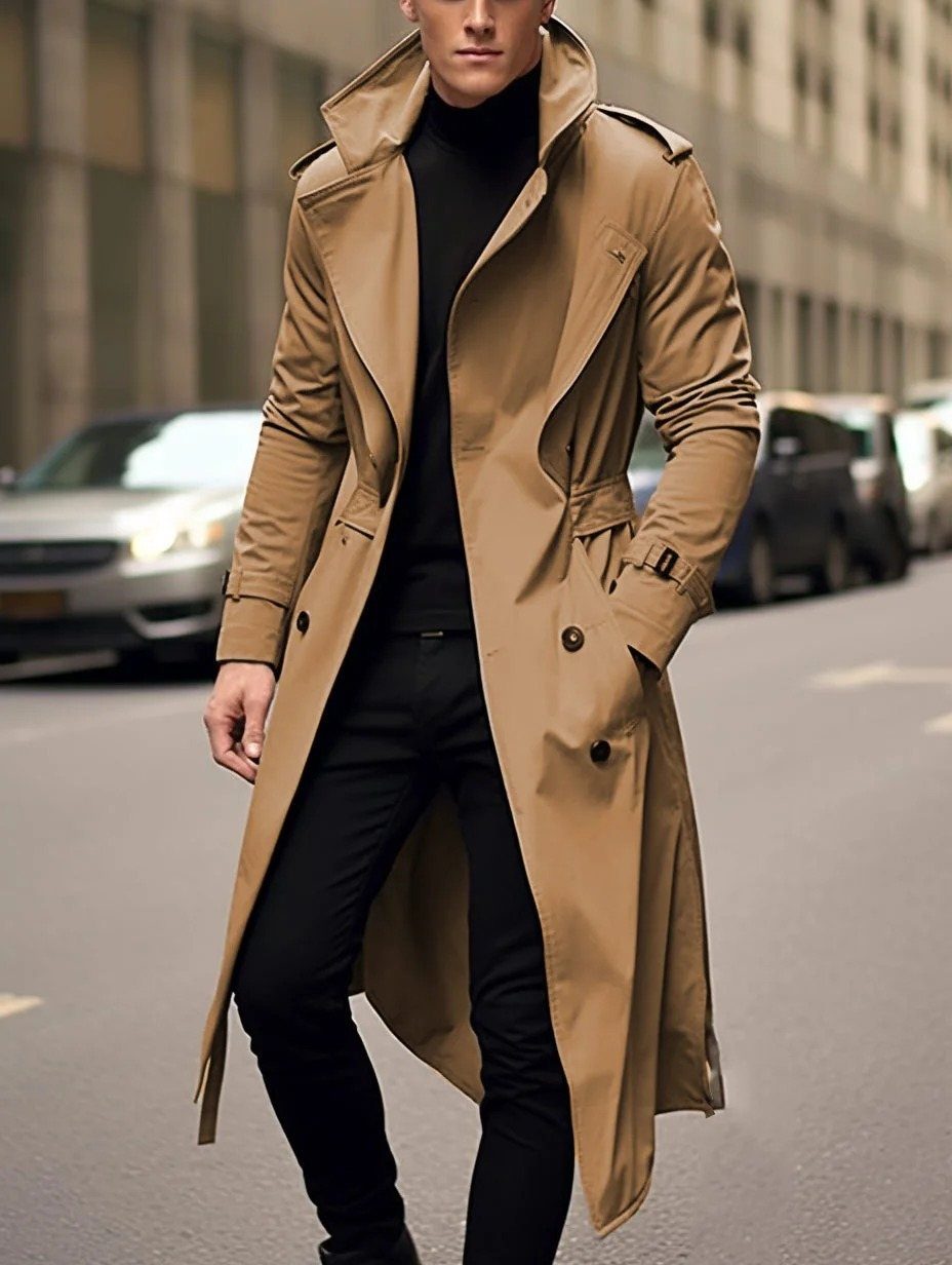 Man wearing a classic beige trench coat with black turtleneck and trousers on street