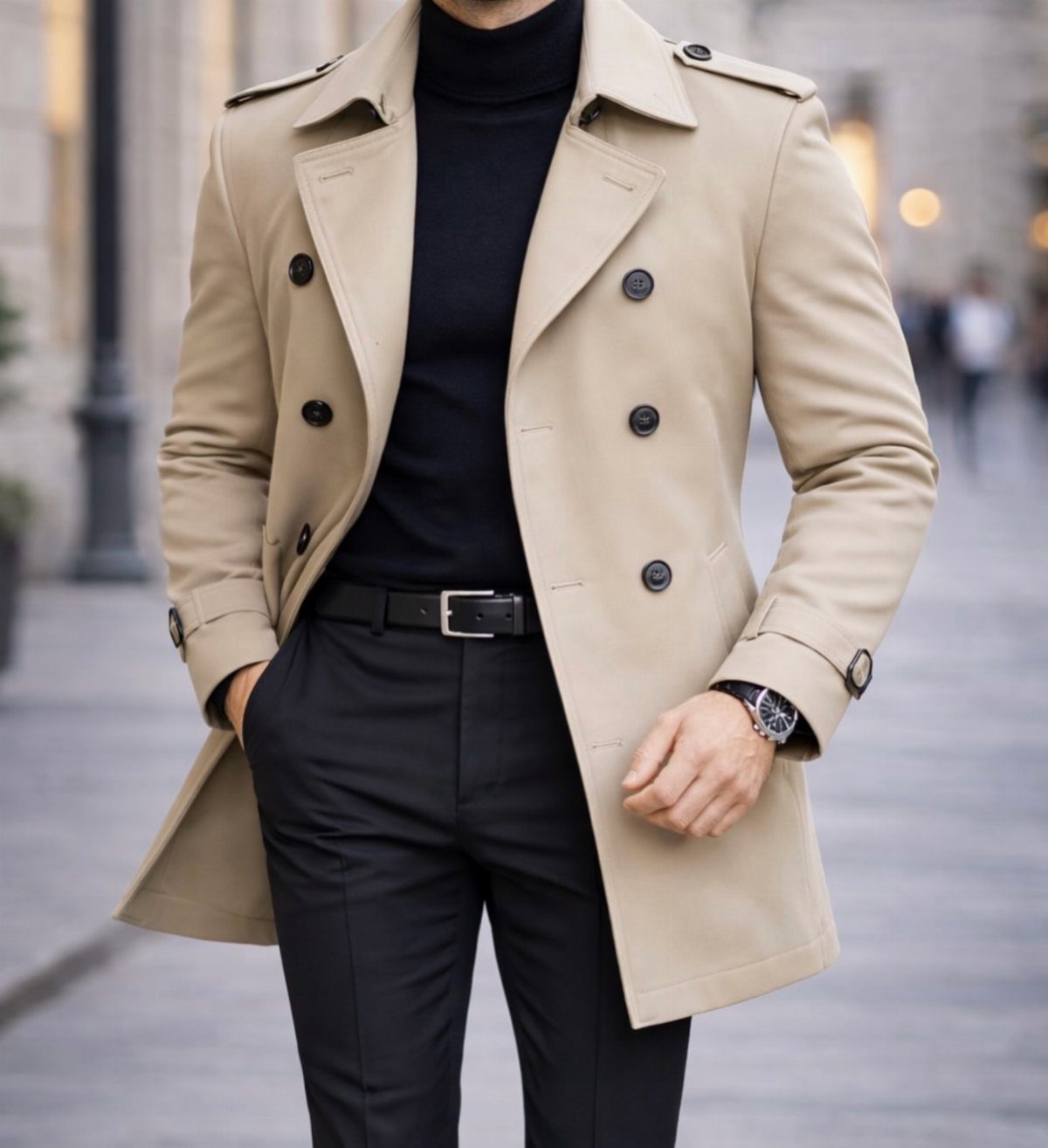 Man wearing a beige trench coat over a black turtleneck and black trousers.