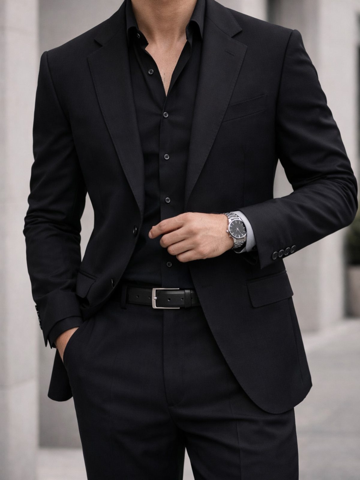 Man wearing a black suit jacket, black shirt, and black trousers with a watch.