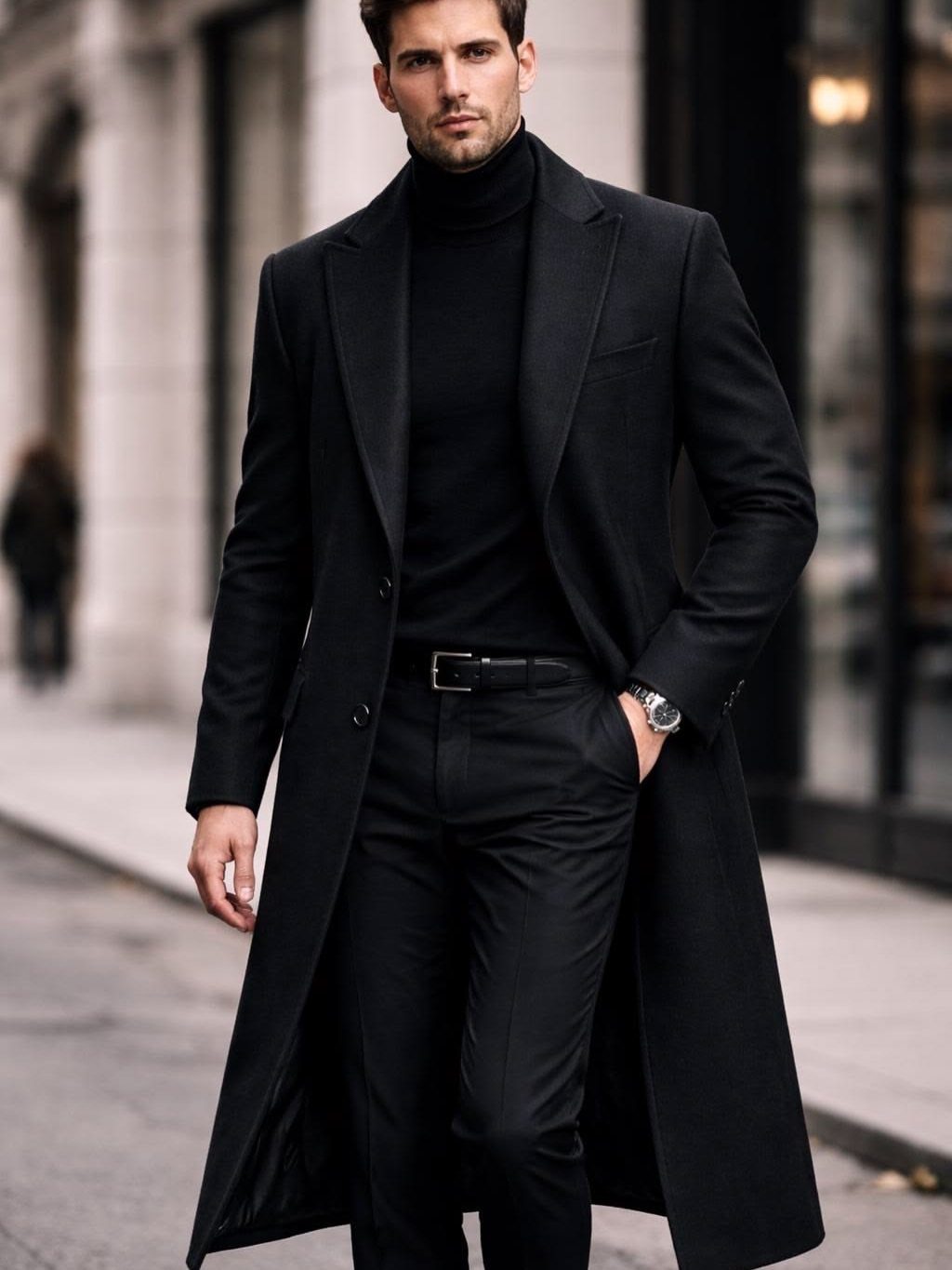 Man in a long black overcoat and black turtleneck standing on a city street