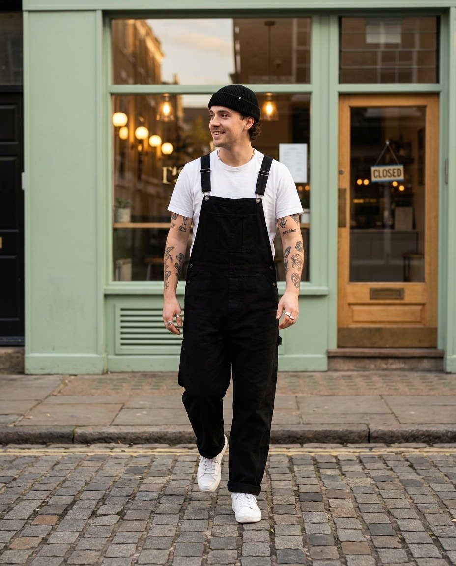 Man wearing white crew-neck t-shirt and black overalls walking on cobblestone street