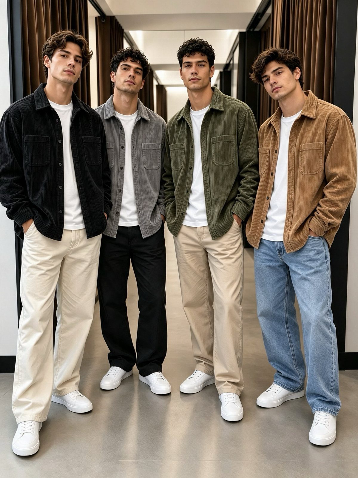 Four men wearing various corduroy jackets and trousers standing in a modern hallway.