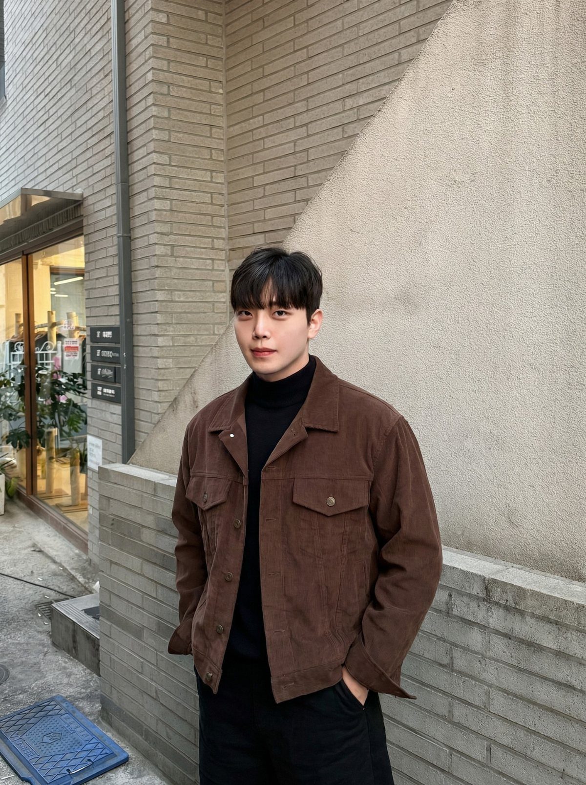 Man wearing a brown corduroy jacket over a black turtleneck and black trousers.