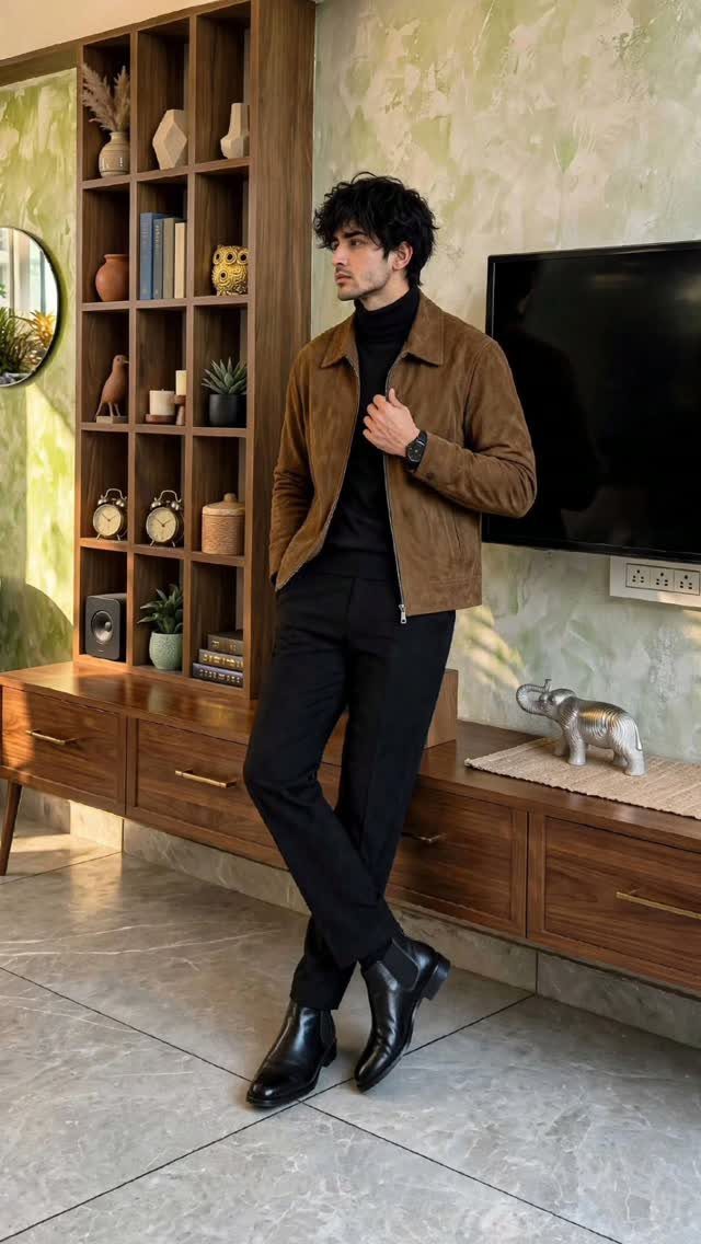 Man wearing a brown suede jacket, black turtleneck, and black trousers standing indoors.