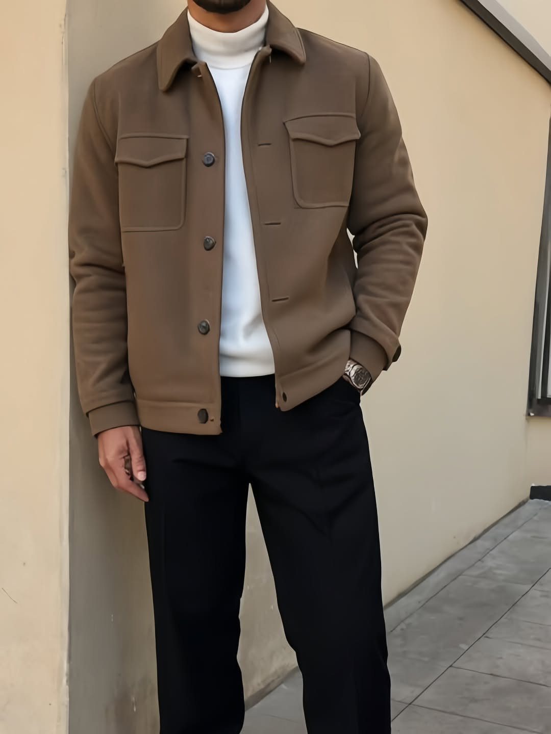 Man wearing a brown jacket, white turtleneck, and black trousers against a wall.
