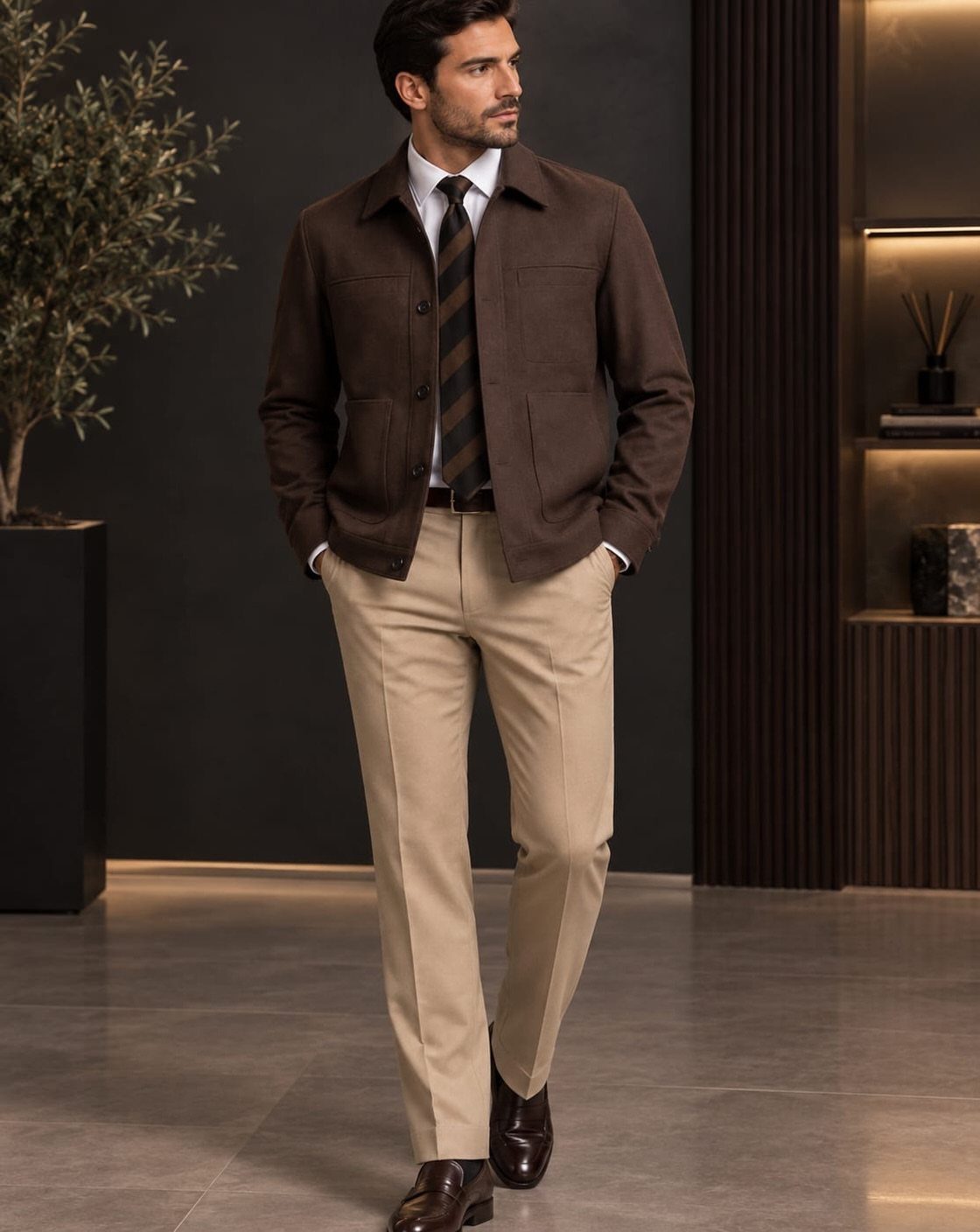 Man in brown collared jacket, white shirt, tie, and beige chinos standing indoors.