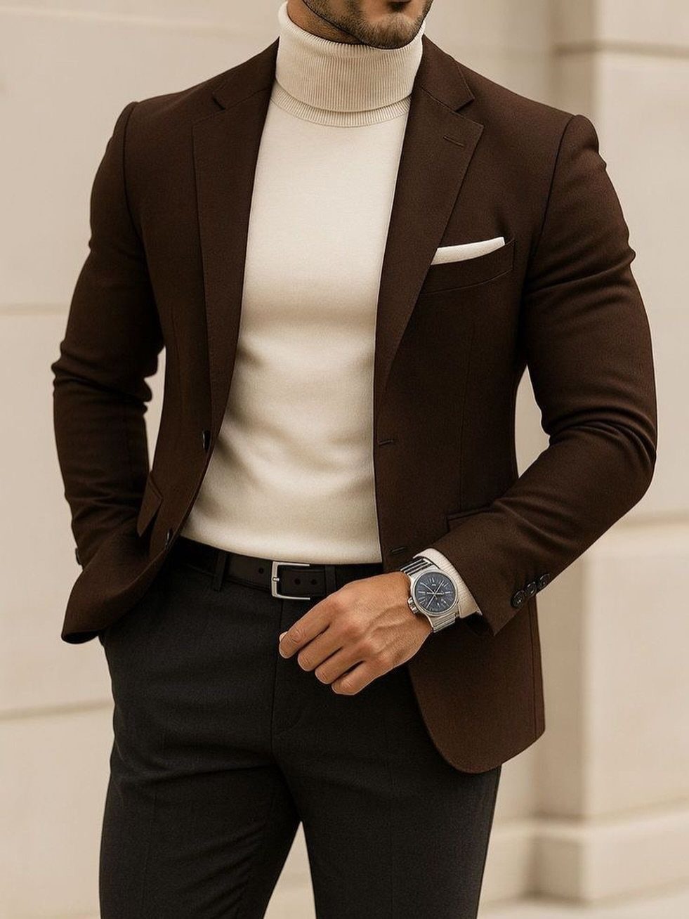 Man wearing a brown blazer and cream turtleneck with dark grey trousers.
