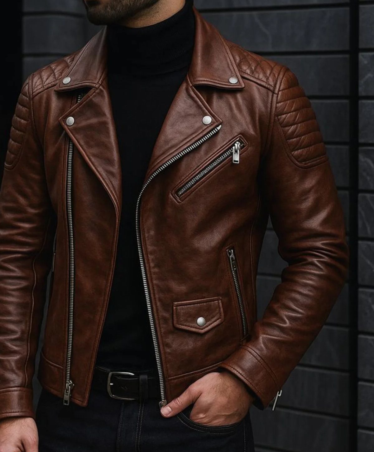 Man wearing a brown leather biker jacket with a black turtleneck and jeans.