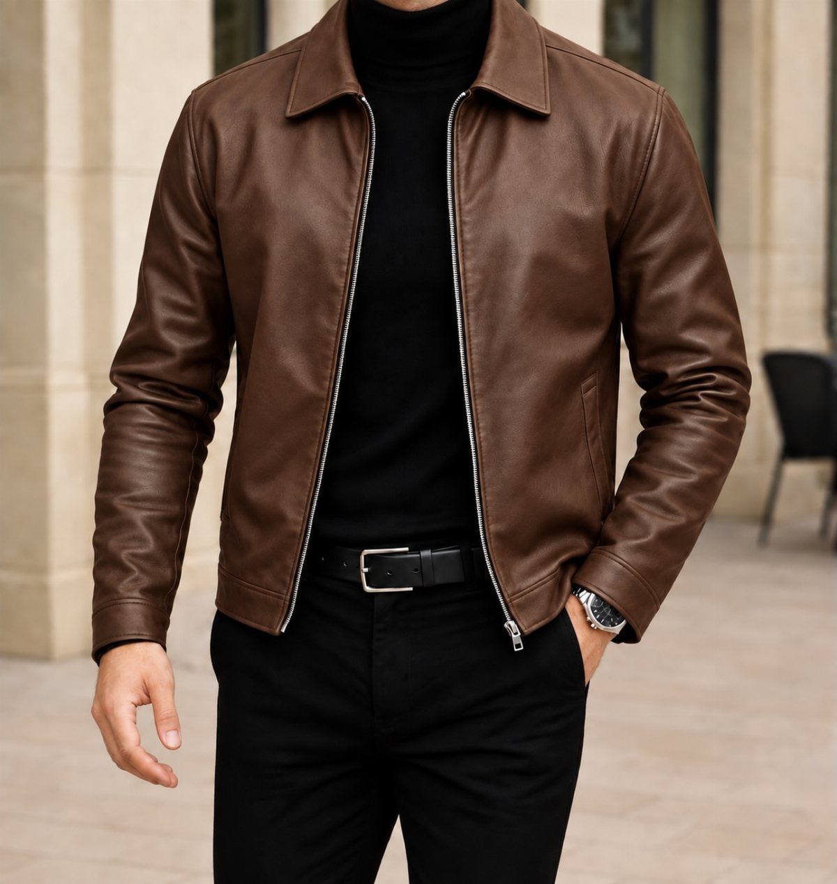 Man wearing a brown leather café racer jacket with black turtleneck and slim trousers.