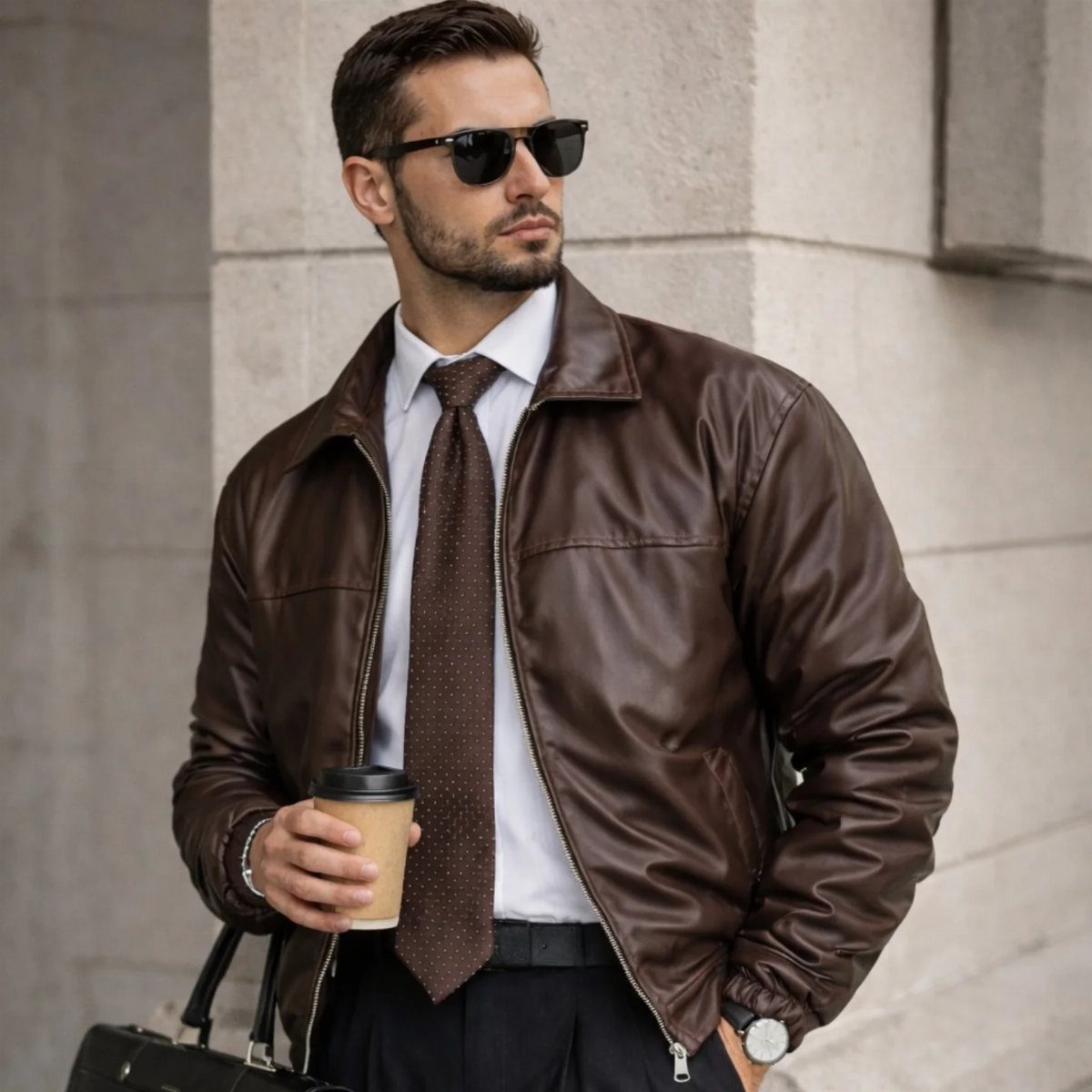 Man in brown leather jacket, white shirt, and tie holding a coffee cup.