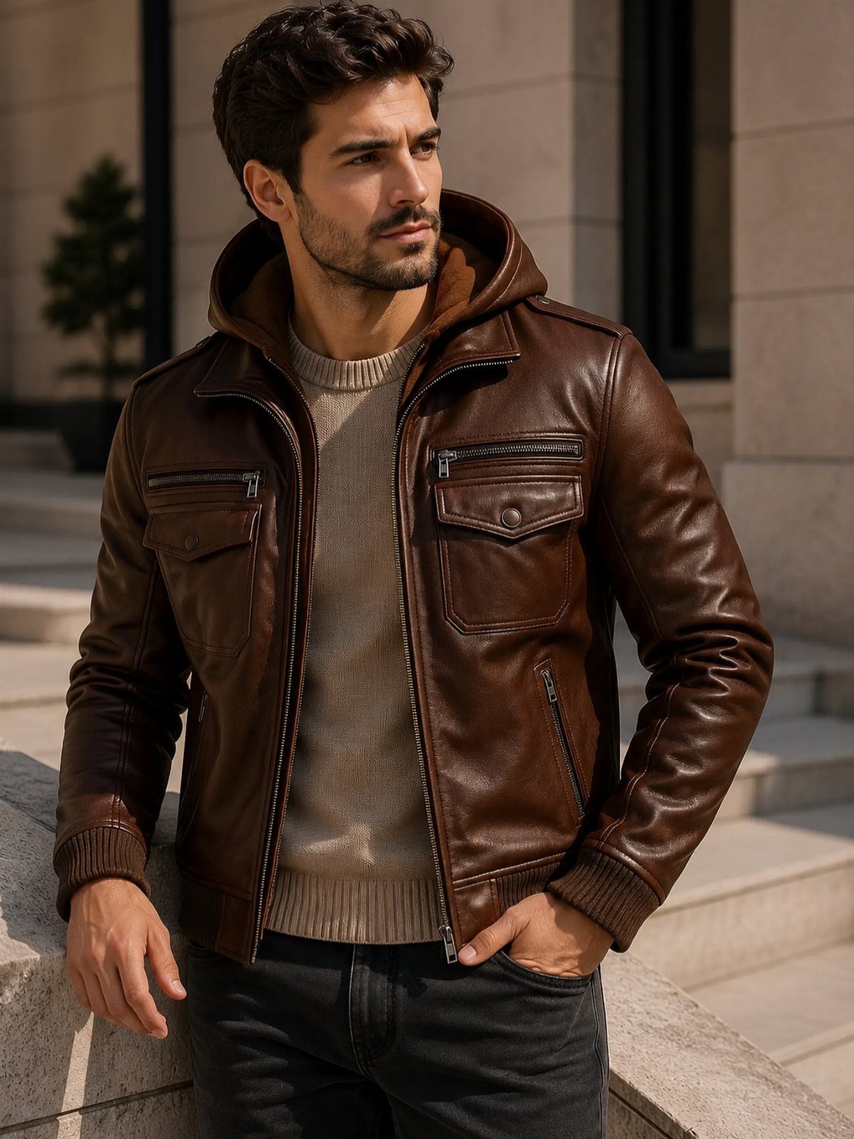 Man wearing a brown hooded leather jacket with a beige sweater and black jeans.