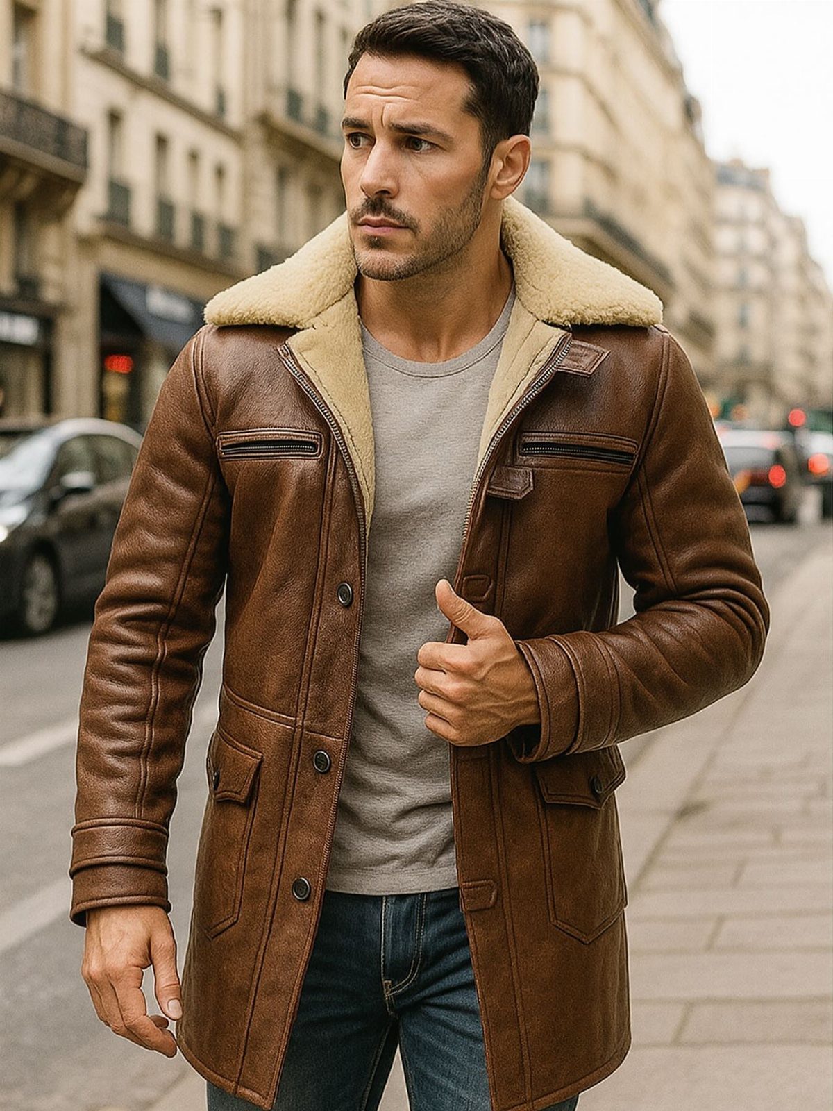 Man wearing a long brown leather jacket with shearling collar and blue jeans.