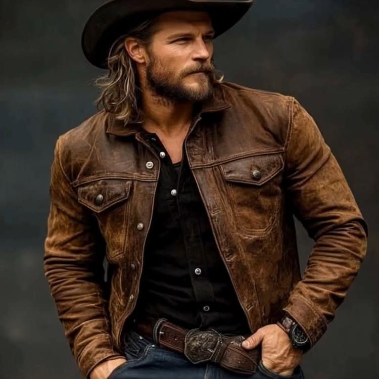 Man wearing a brown leather jacket, black shirt, and black cowboy hat.