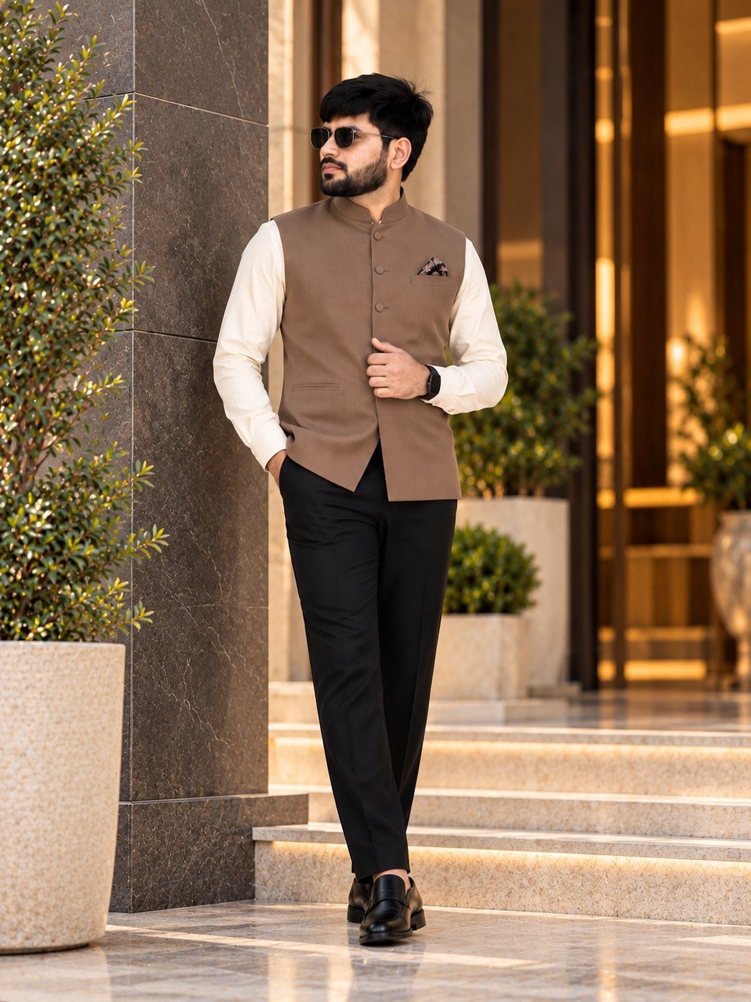 Man in a brown vest, white shirt, and black trousers leaning against a wall.