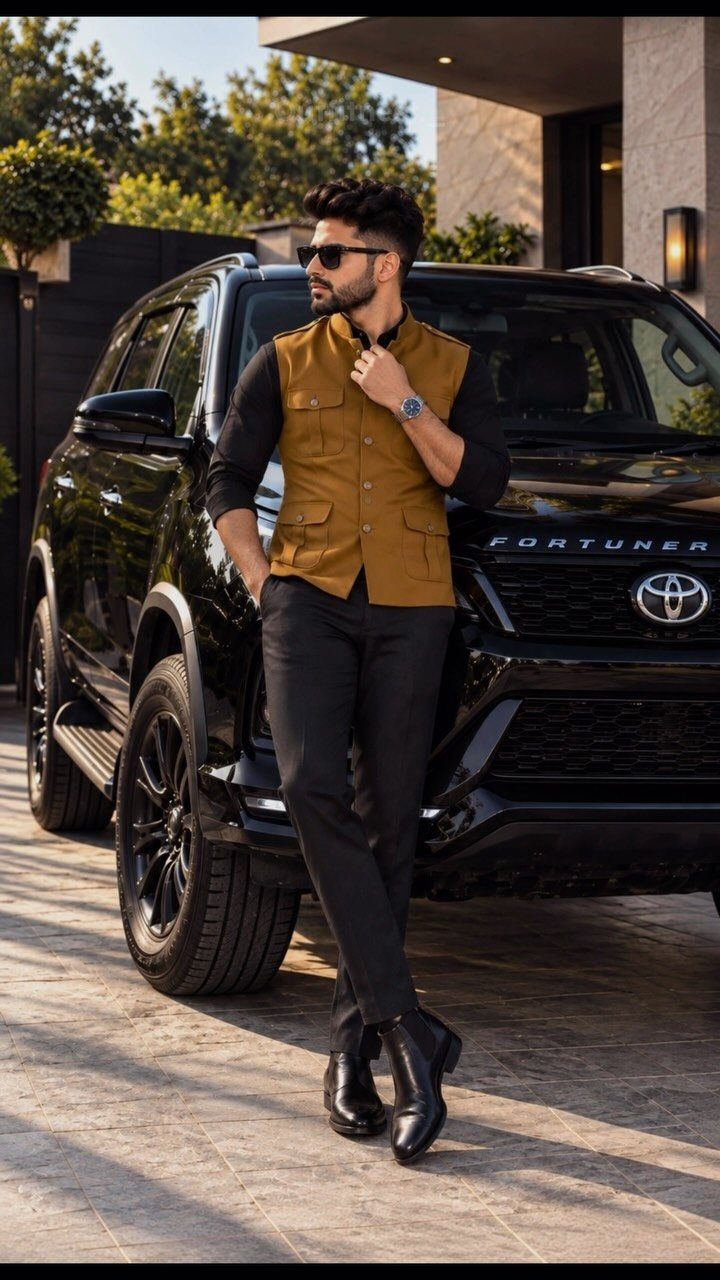 Man in brown vest and black outfit leaning against a black SUV
