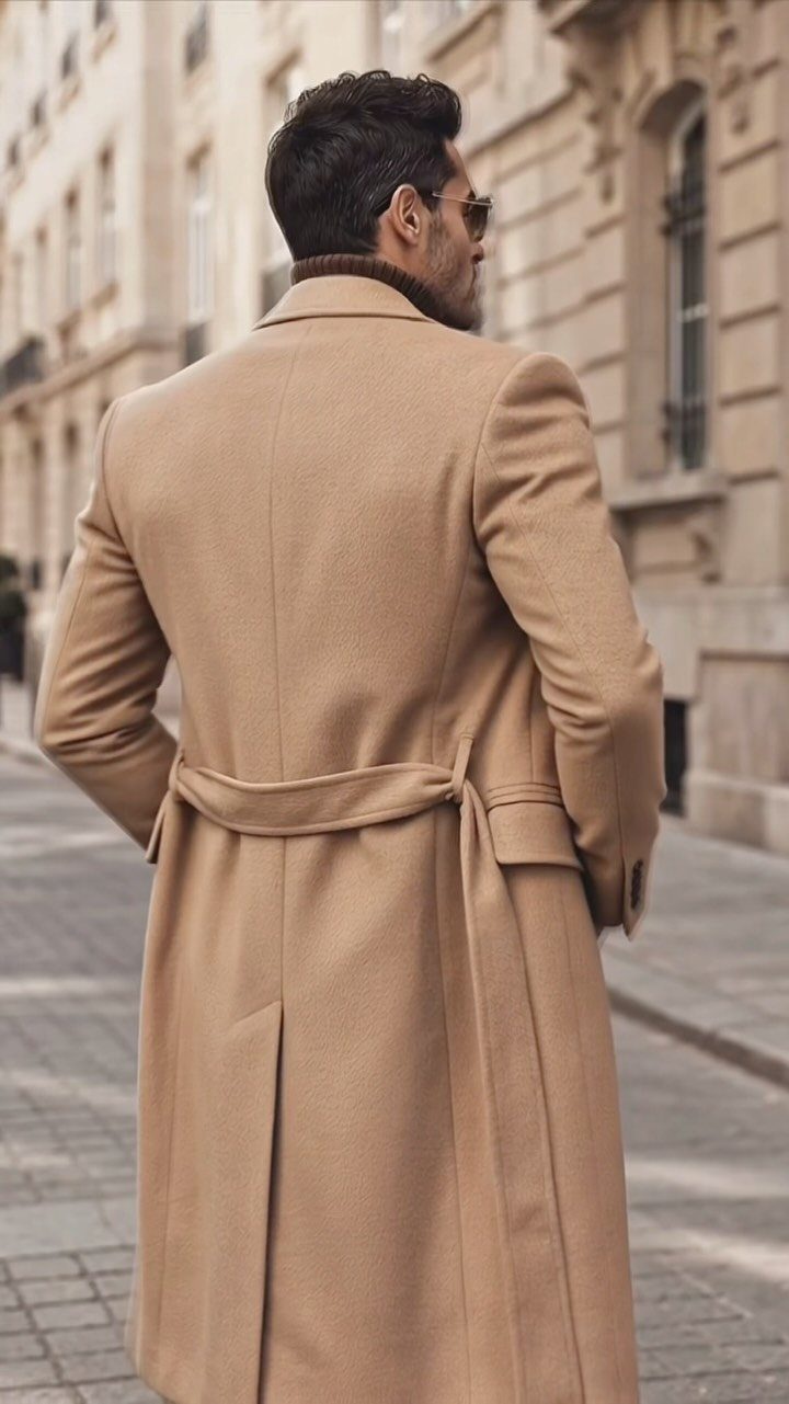Man from behind wearing a belted camel coat and brown turtleneck on city street