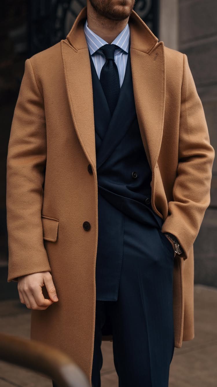 Man wearing a camel wool coat over a navy blue double-breasted suit and tie.