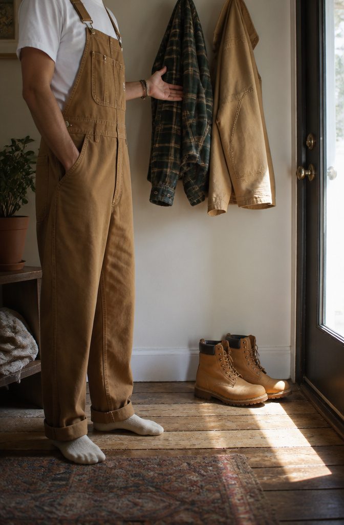 Model in Carhartt overalls with layering options displayed nearby.