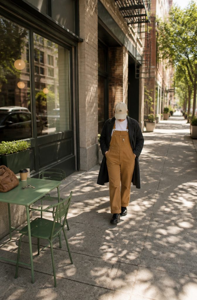 Carhartt overalls styled with relaxed clothing for everyday wear.