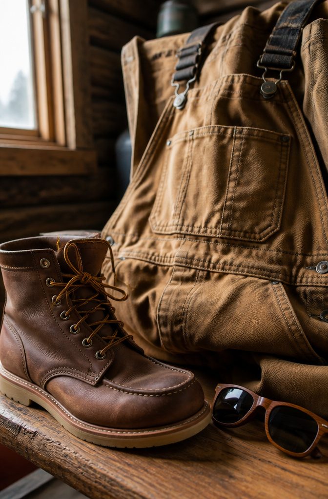 Close-up of Carhartt overalls and brown leather boots against wood.