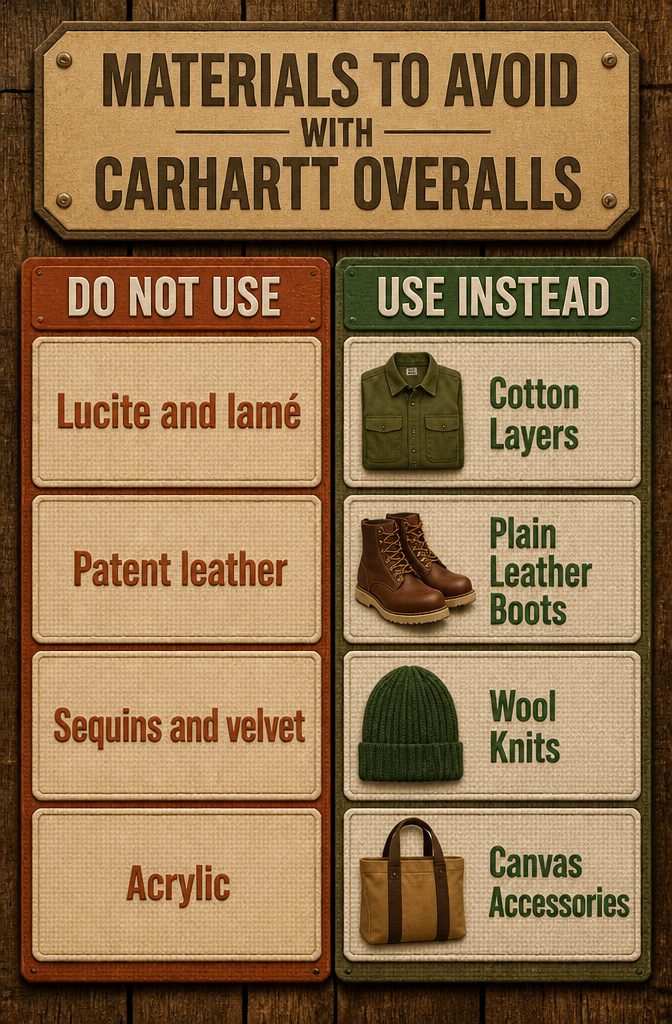 Image listing materials to avoid with Carhartt overalls.