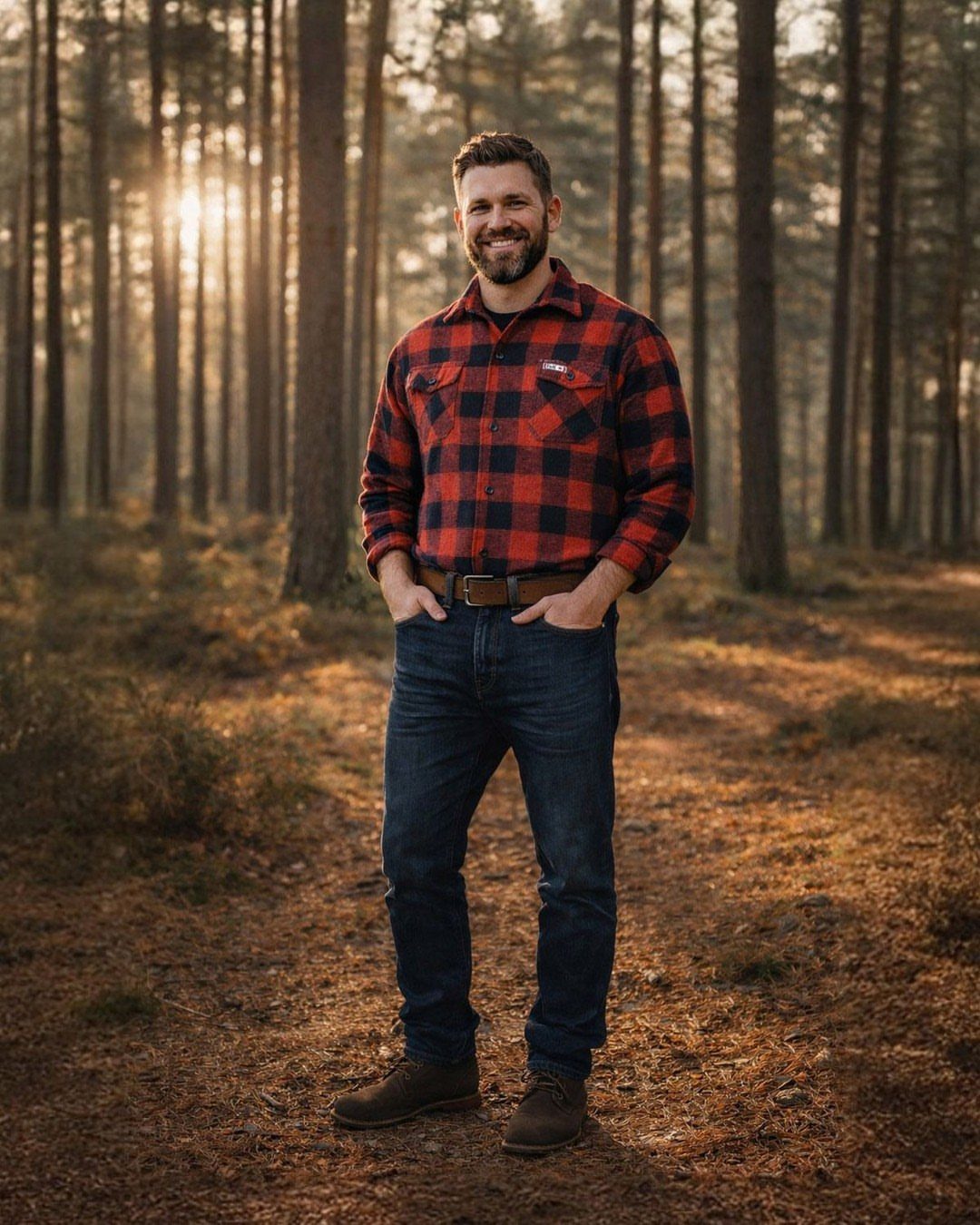 Man in red plaid shirt and brown boots standing in a pine forest.