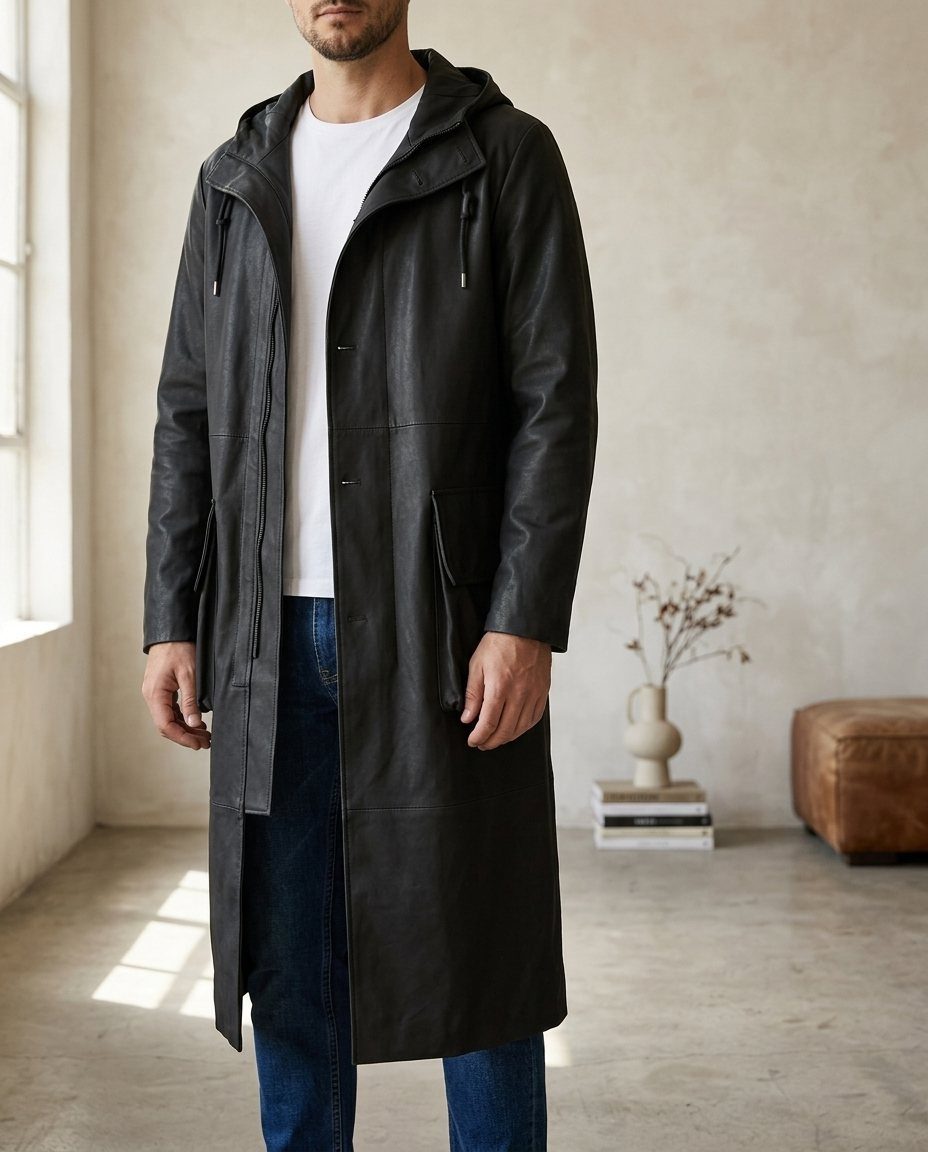 Man wearing a long black leather hooded coat, white t-shirt, and blue jeans.