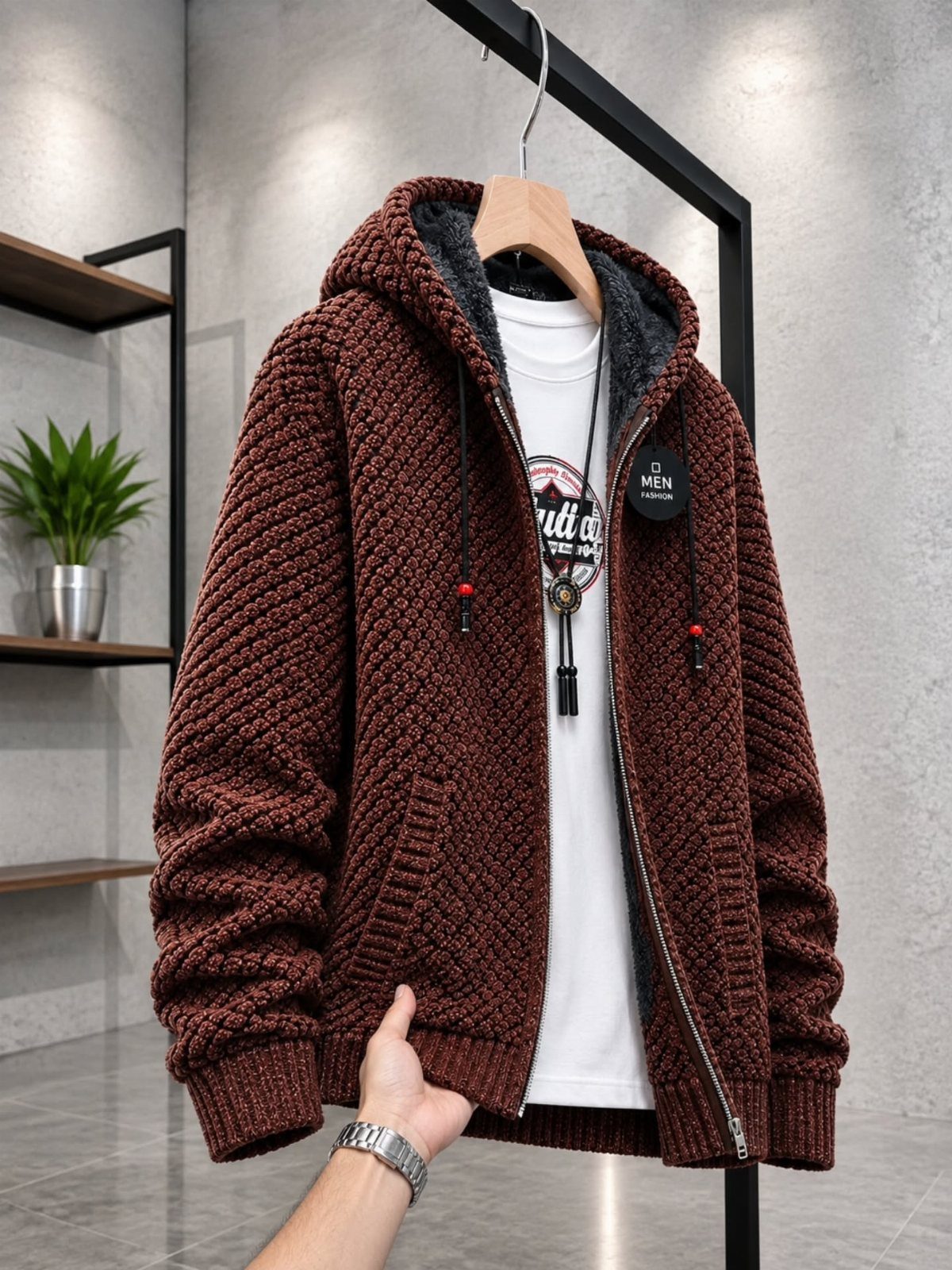 Brown textured zip-up hooded jacket hanging over a white t-shirt on a hanger