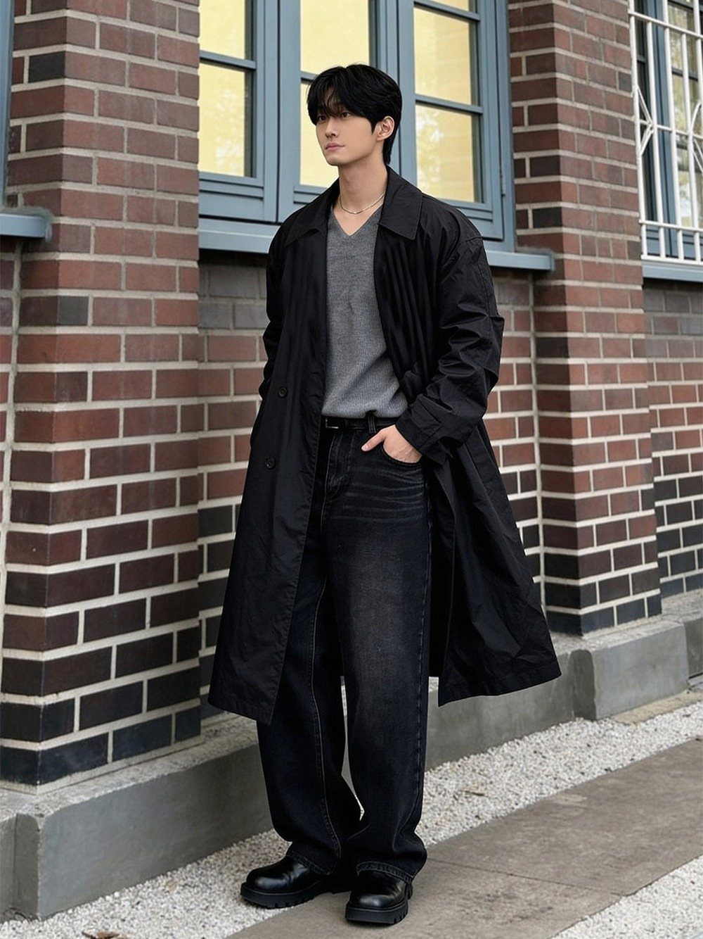 Man in black trench coat and grey sweater standing against a brick wall.