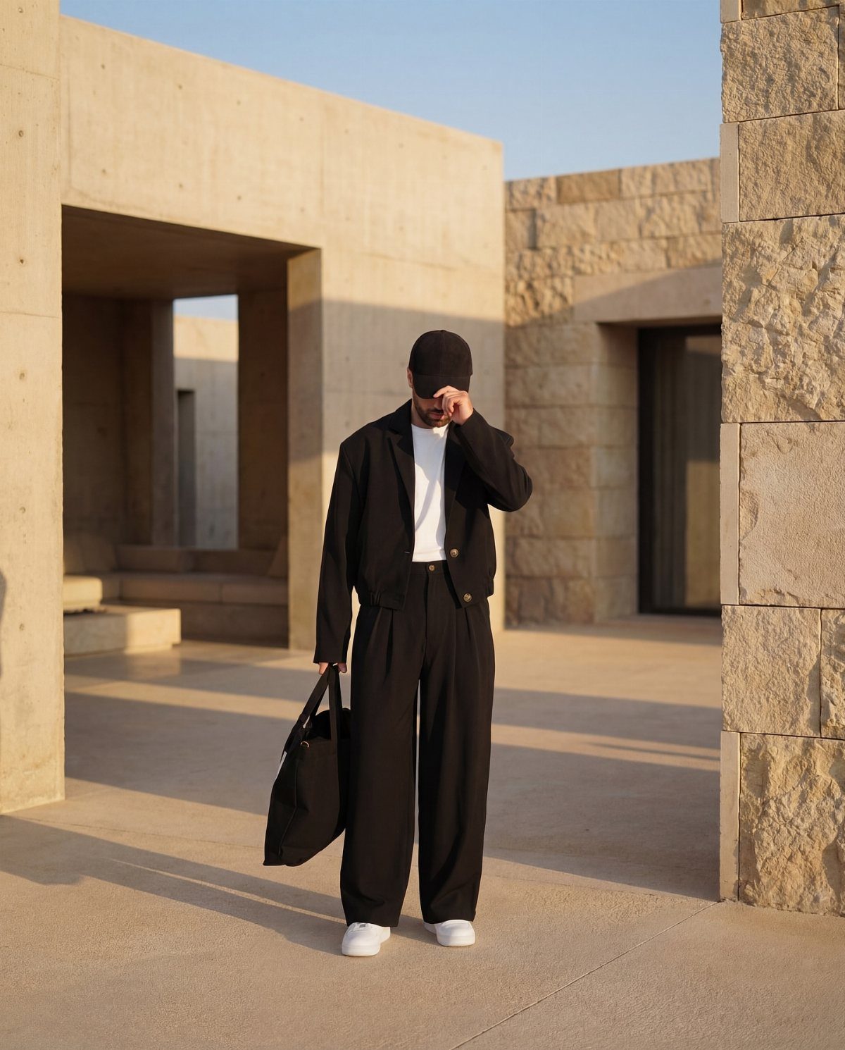 Person wearing a black cropped jacket, white t-shirt, and wide-leg black trousers.