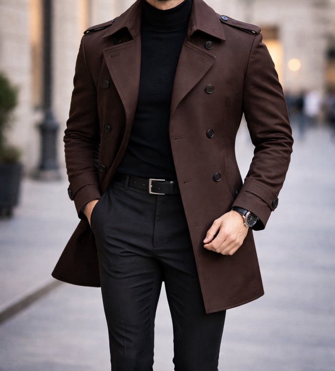 Man wearing a dark brown trench coat with black turtleneck and black trousers.
