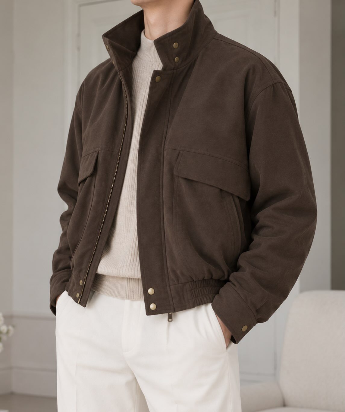 Man wearing a brown oversized Harrington jacket with a beige sweater and white pants.