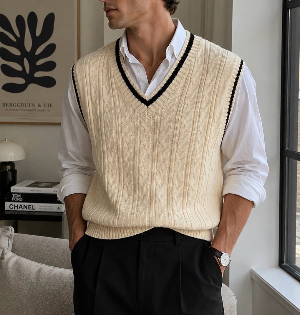 Man wearing a cream cable-knit sweater vest over a white shirt and black pants.