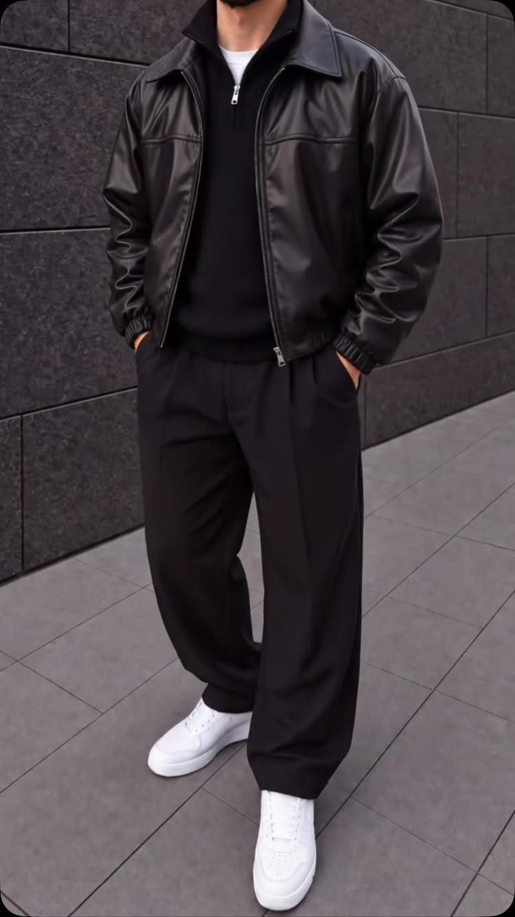 Person wearing a black leather jacket, black trousers, and white sneakers outdoors.