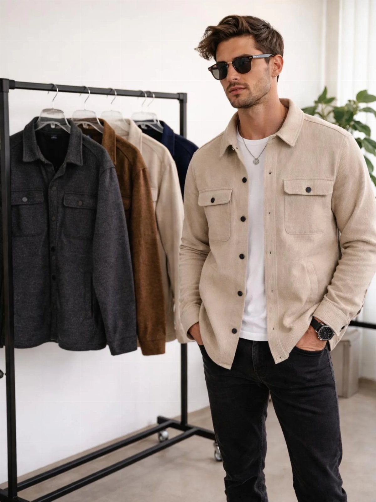Man wearing a beige button-down overshirt and black pants standing by a clothing rack