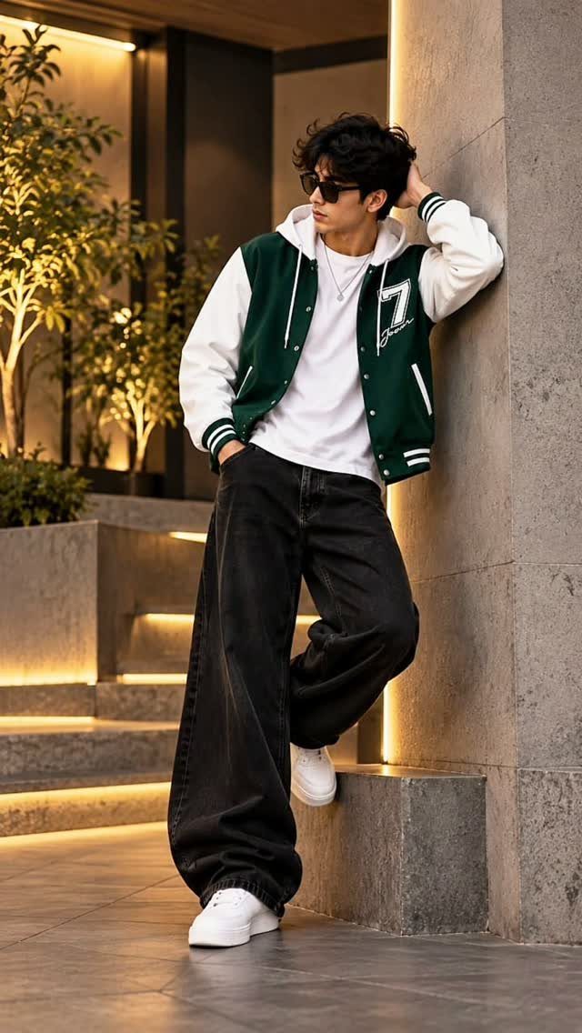 Man in hunter green varsity jacket and baggy black jeans leaning against wall.