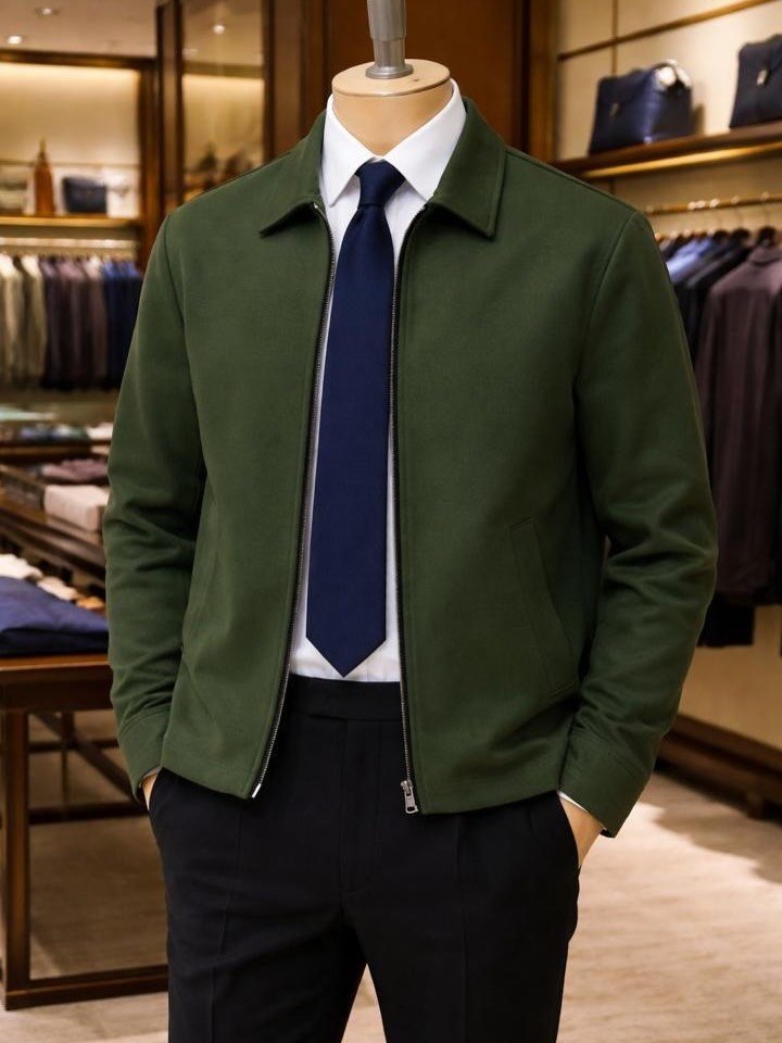 Mannequin wearing a green jacket over a white shirt and navy blue tie.