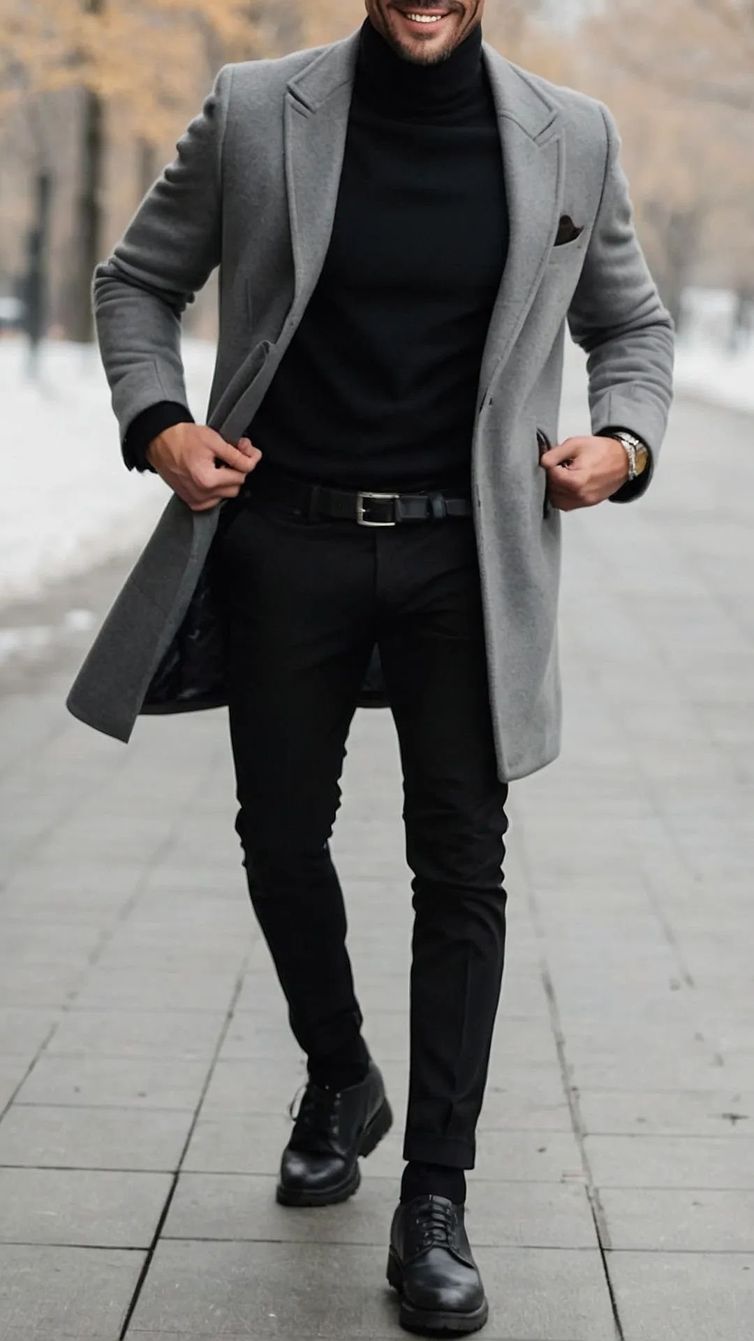 Man wearing a grey overcoat, black turtleneck, and black chinos on a city sidewalk.