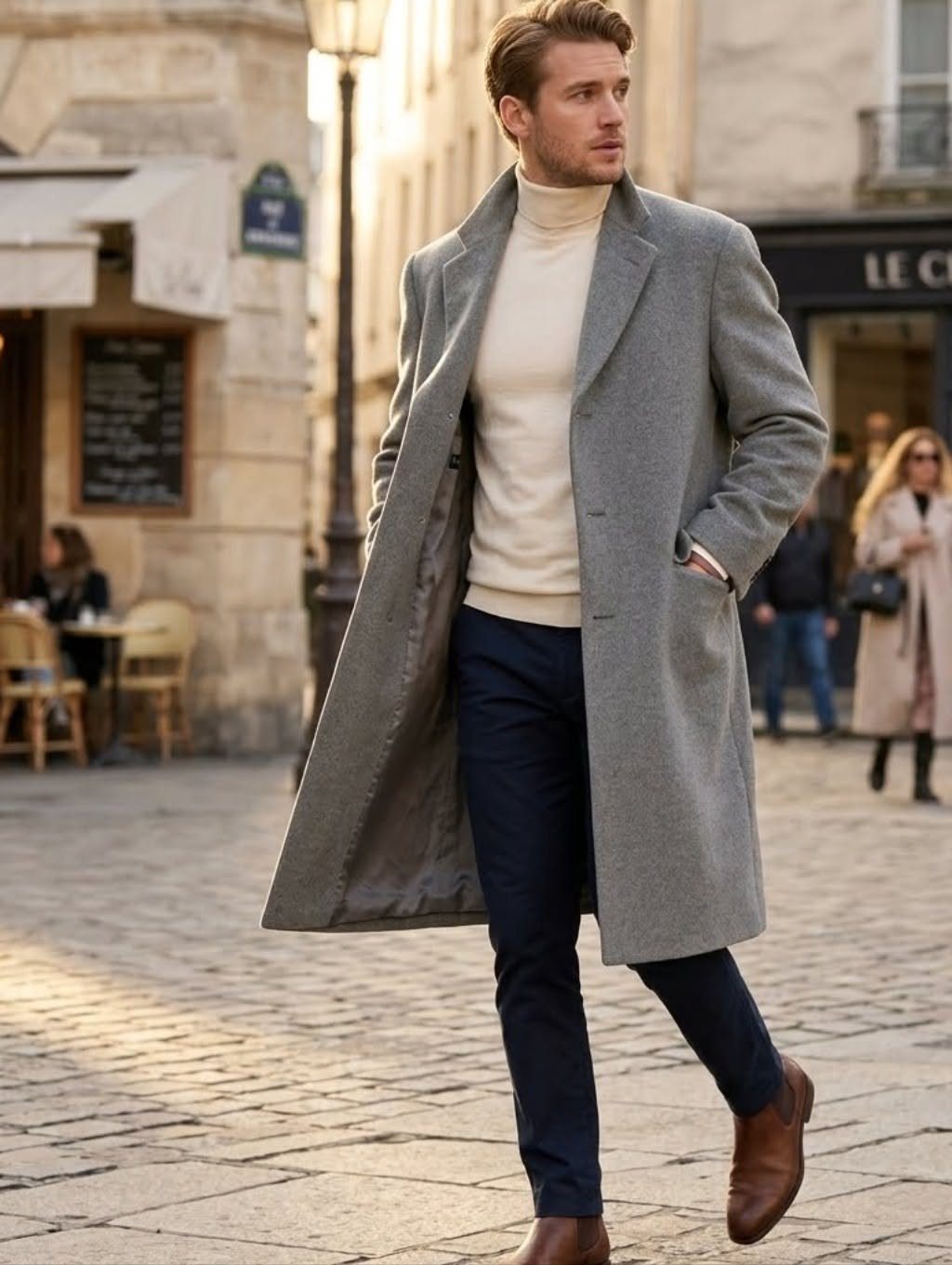 Man in grey overcoat, cream turtleneck, and navy trousers walking on cobblestone street.